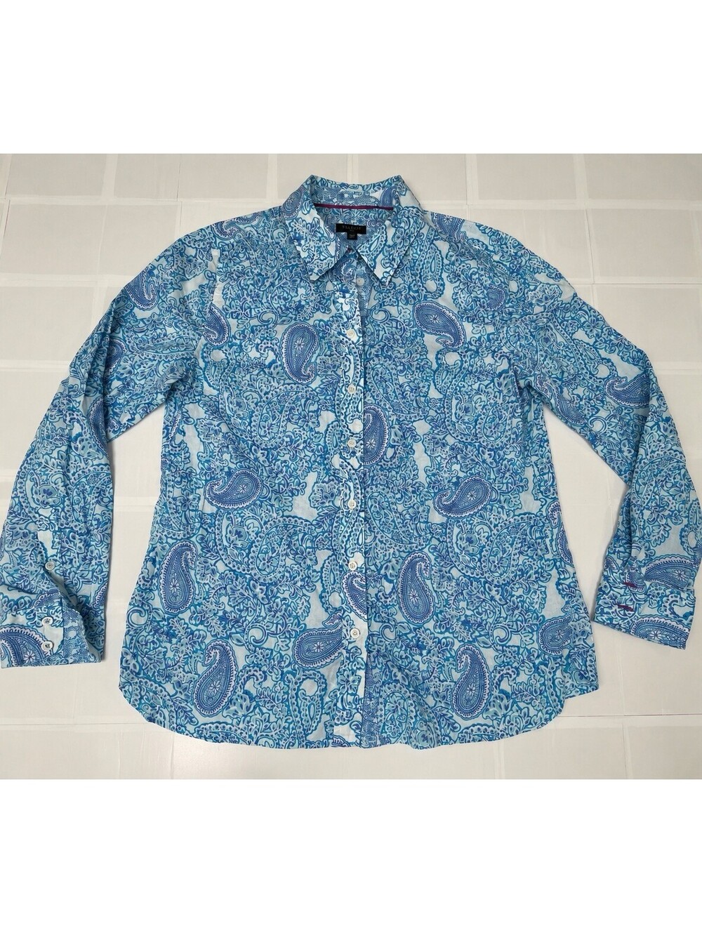 Talbots Petite M Blue Paisley Floral Print Long Sleeve Button Up Shirt Blouse